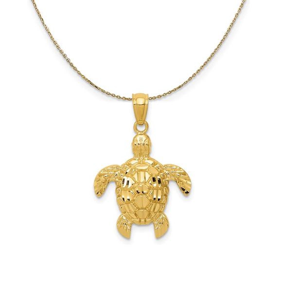 14k Yellow Gold Diamond-Cut Sea Turtle (24mm) Necklace - 18 Inch
